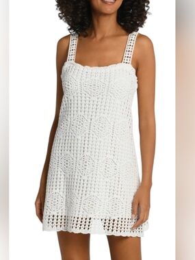 La Blanca Sz XS Swimsuit Coverup ivory off white sleeveless crochet Boho Preppy.